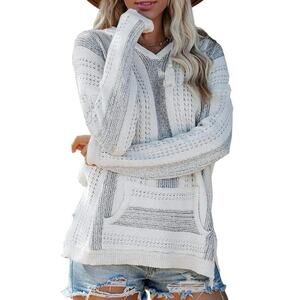 Women Boho Sweater Hooded Hoodie Pullover Striped V Neck Mexican Knit Sweatshirt